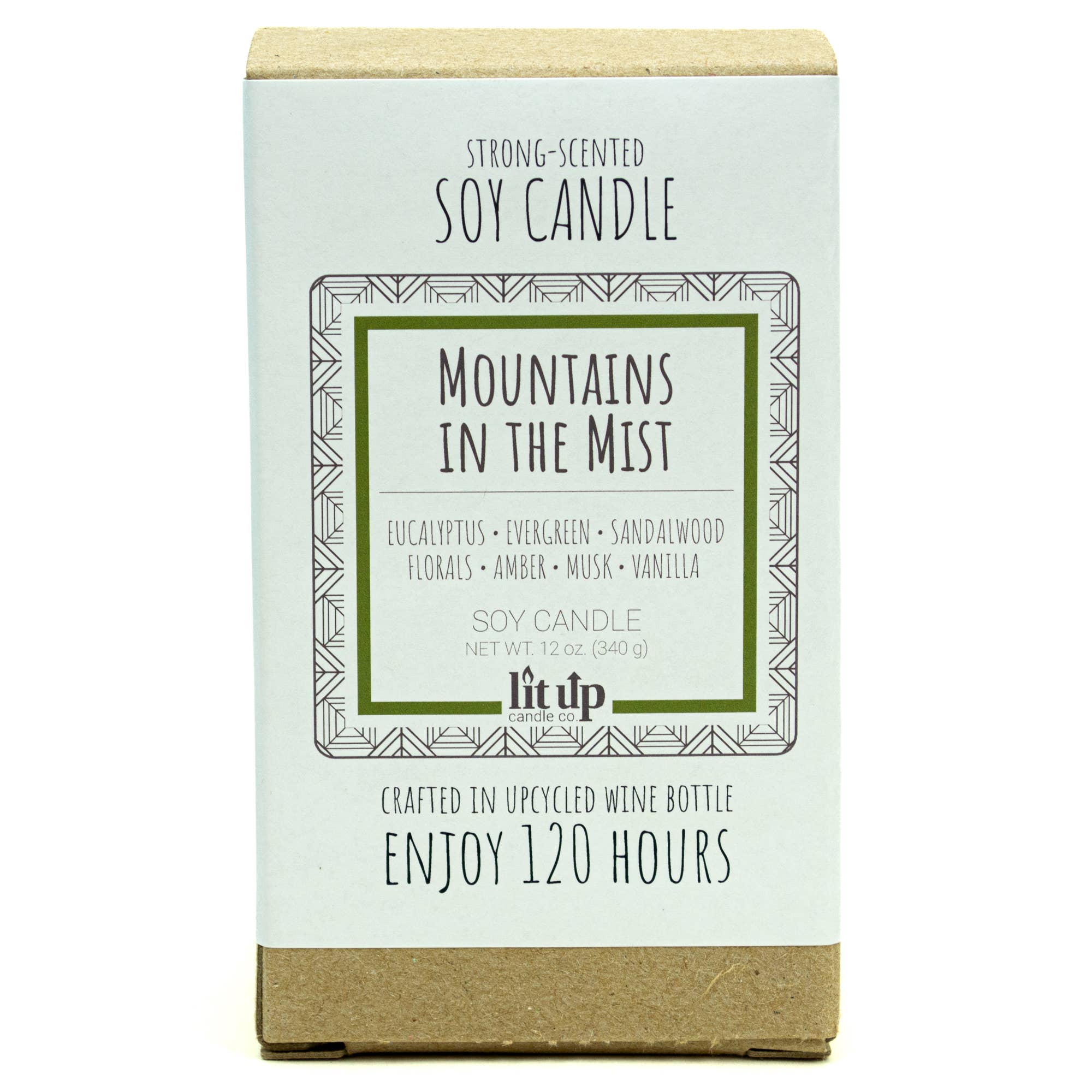 Lit Up Candle Co. - Vente Bougie en bocal - Bougies de soja Mountains in the Mist de 12 oz dans des bouteilles de vin3