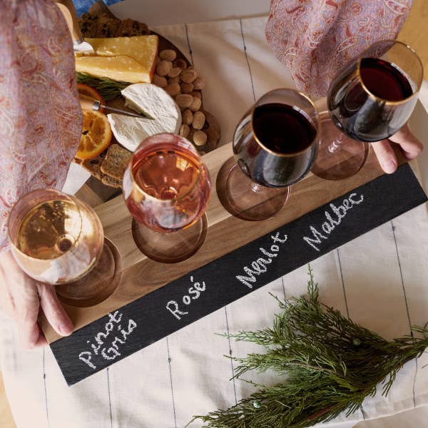 Twine - Wholesale Beer/Wine Caddy - Acacia & Slate 4-Glass Wine Flight Board - Includes Chalk