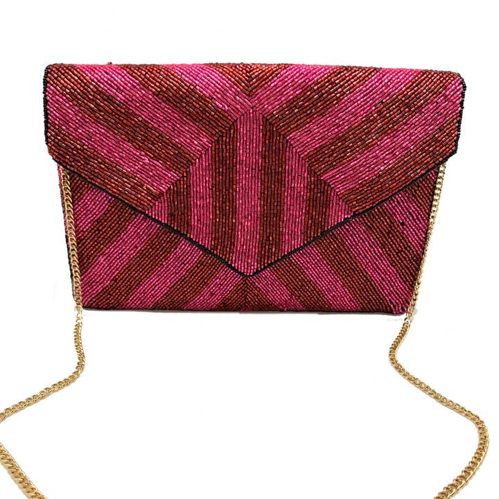 FUCHSIA AND RED STRIPE BEADED CLUTCH for wholesale by Pizzazz, Inc.
