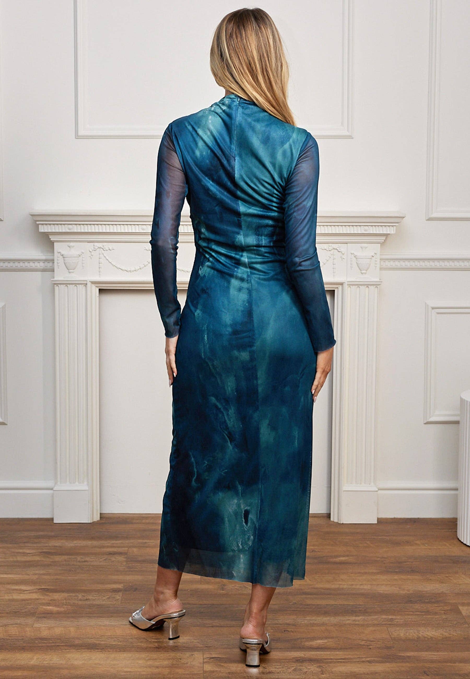 ANGELEYE – wholesale Dress – Women's – Mesh Long Sleeve Bodycon Midi Dress in Teal Watercolour5