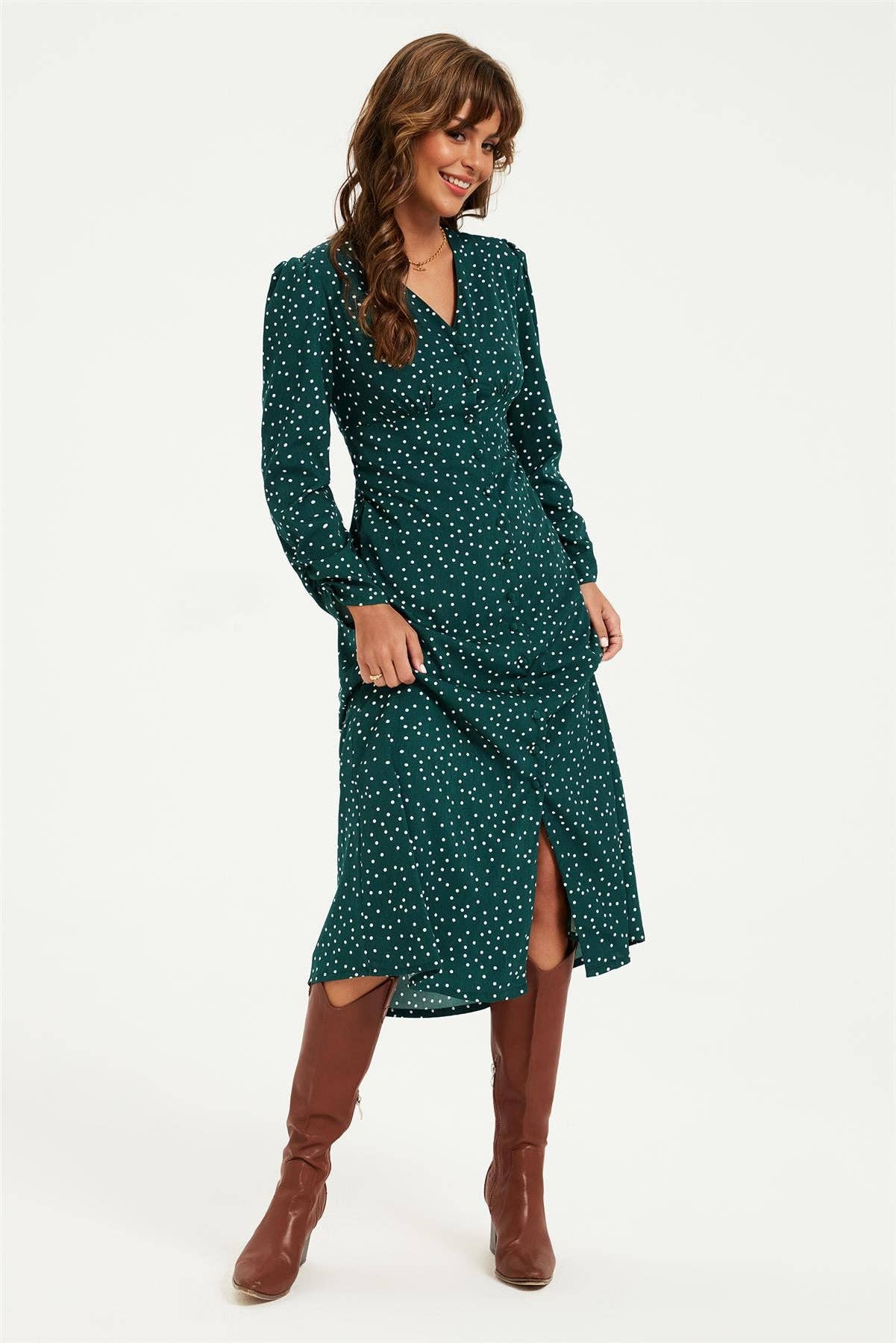 Dot Print Long Sleeve Button Front Midi Dress In Green for wholesale on Faire1