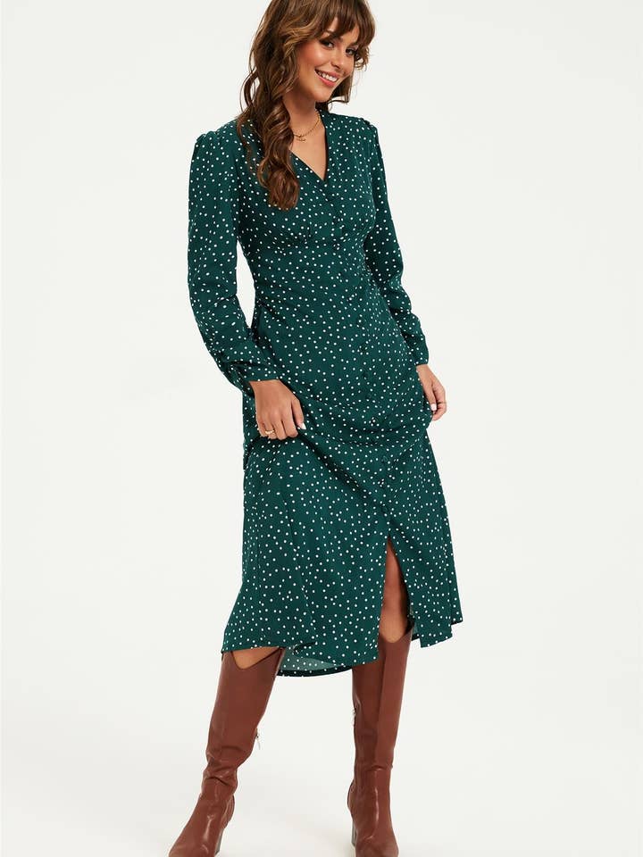 Dot Print Long Sleeve Button Front Midi Dress In Green for wholesale on Faire1