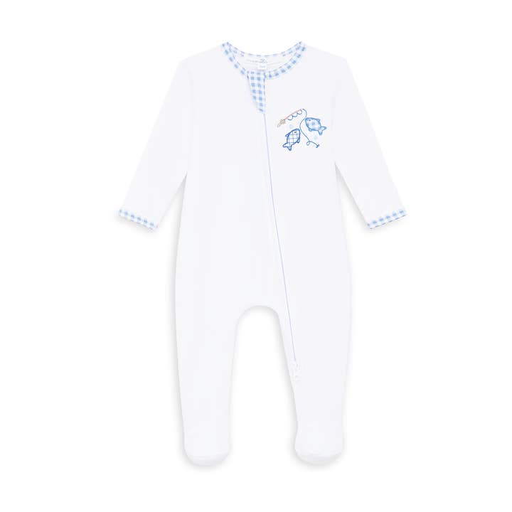 Gone Fishing Applique Zip Footie for wholesale by Magnolia Baby