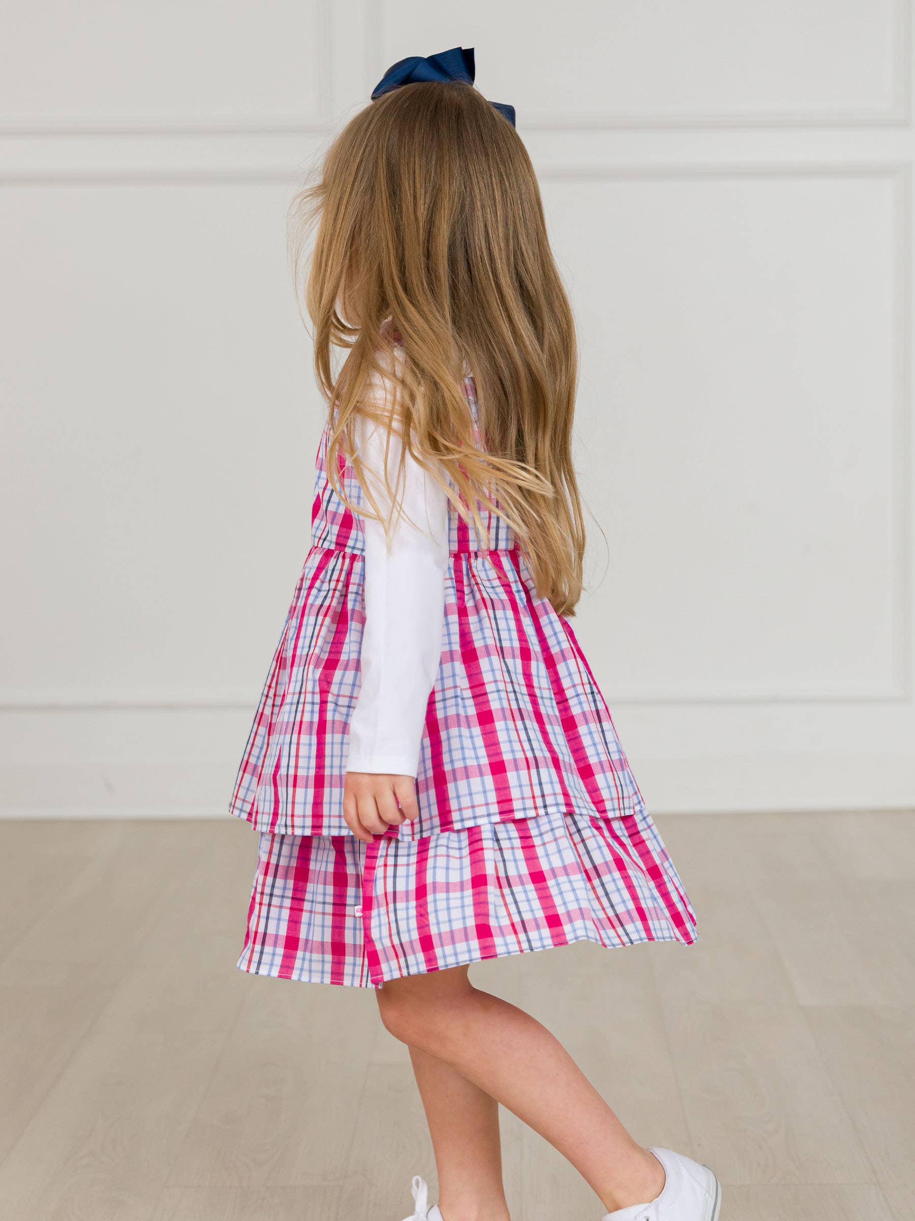 Multi Color Girls Adley Plaid Woven Bow Jumper Dress for wholesale on Faire5