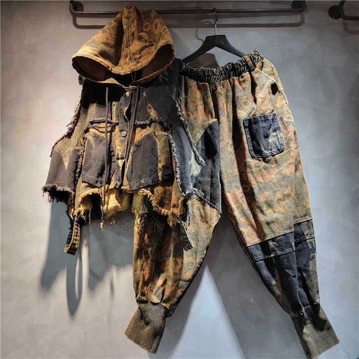 Sanyao Fashion – wholesale Set med topp och byxa – Dam – M229 Kantig Lappverk Denimväst med Huva & Harembyxor Set2