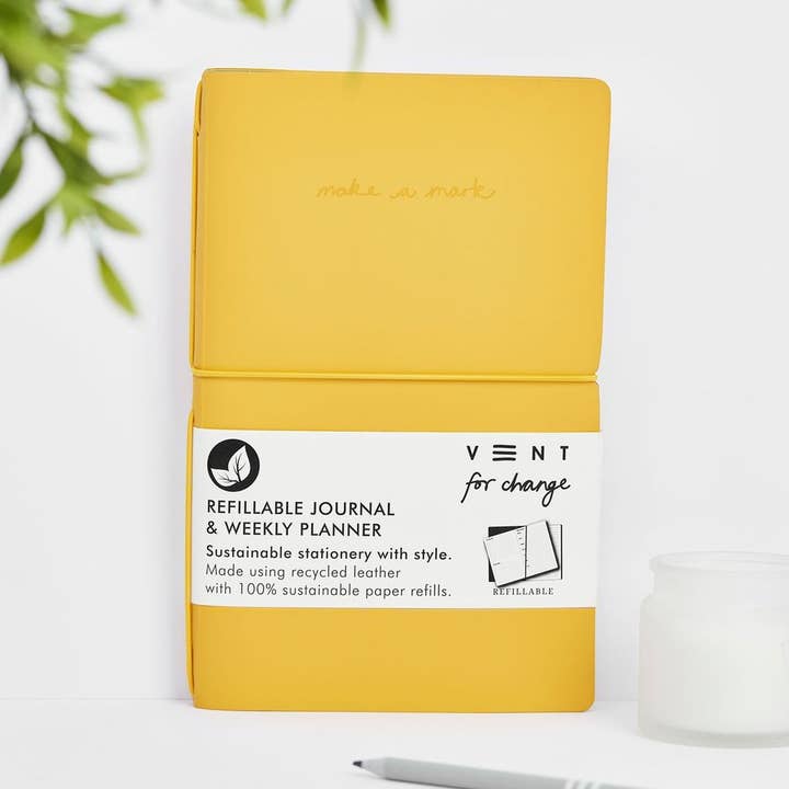 Weekly Planner/Journal Recycled Leather Refillable - Yellow for wholesale by VENT for Change USA