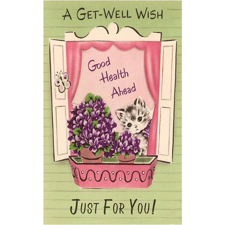 Found Image Press - Venta al por mayor Conjunto de papelería y tarjetas - Tarjeta de Felicitación IO-101 Un Deseo de Recuperación, Gatito con Violetas