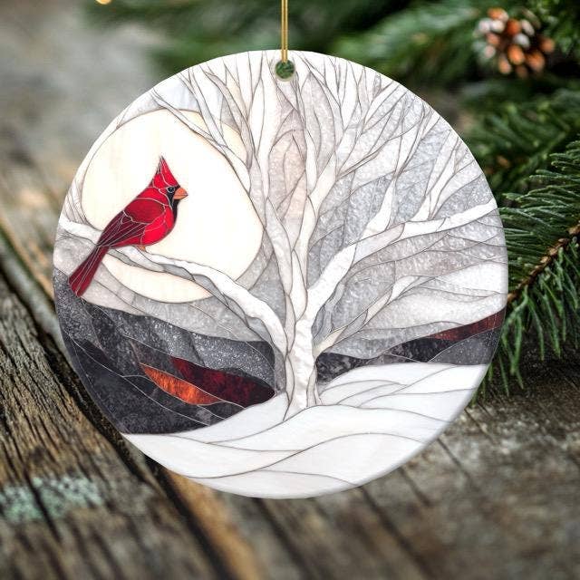 Peeping Tom's Cottage - Wholesale Ornament - Cardinal Christmas Ornament – Porcelain Stained Glass Look – Double Sided – Sold Individually or as Set of 70