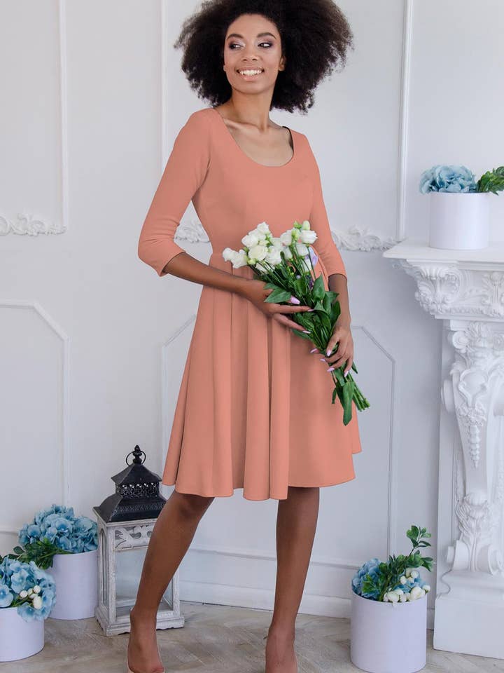 Terracotta Rose Skater 3/4 Sleeve Holiday Easter Party Dress - Women for wholesale by Pineapple Clothing