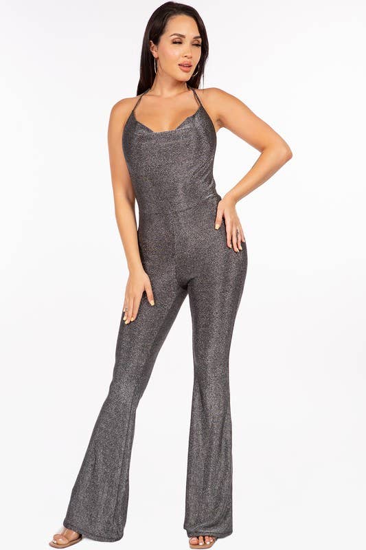 short sleeve bell bottom jumpsuit