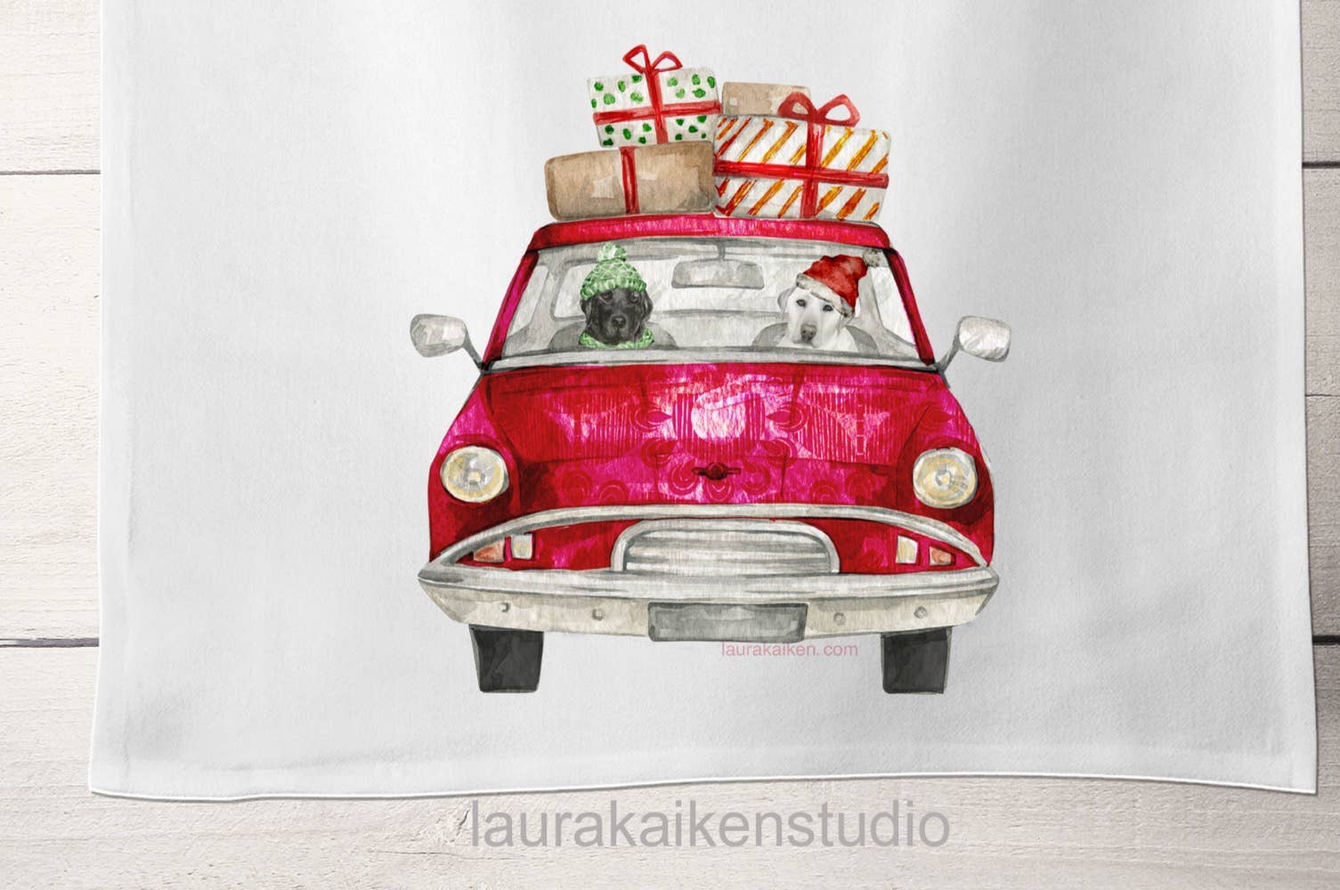 Laura K Aiken Studio - Wholesale Tea Towel - Holiday Red Car with Black and White Lab Dogs1