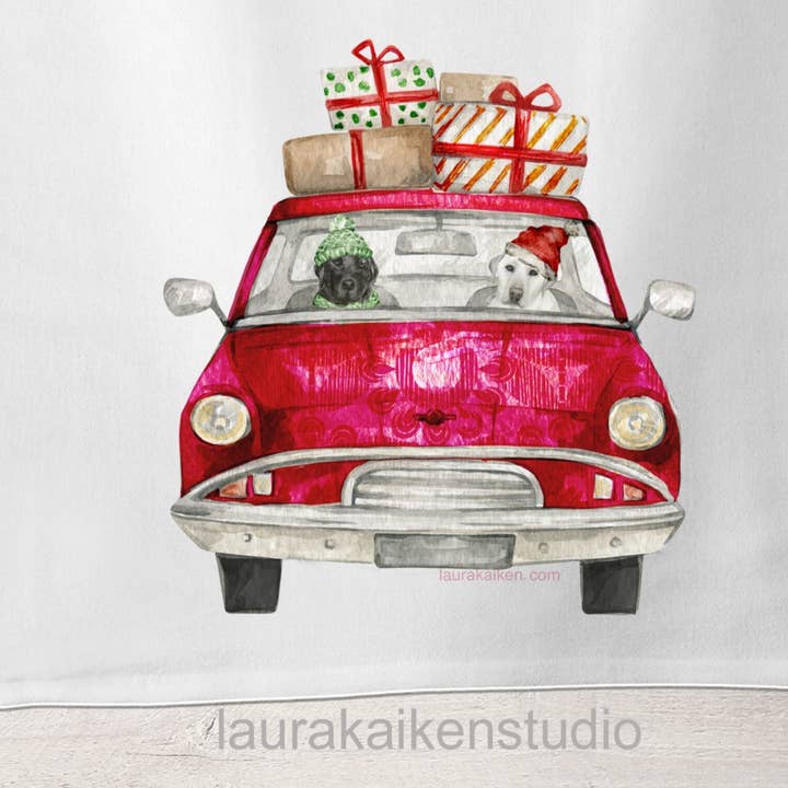 Laura K Aiken Studio - Wholesale Tea Towel - Holiday Red Car with Black and White Lab Dogs1