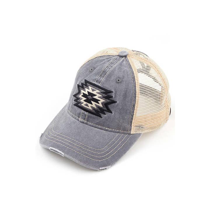 Hana - Wholesale Ponytail Cap - Women's - C.C Aztec Patch Embroidery Mesh Pony Cap