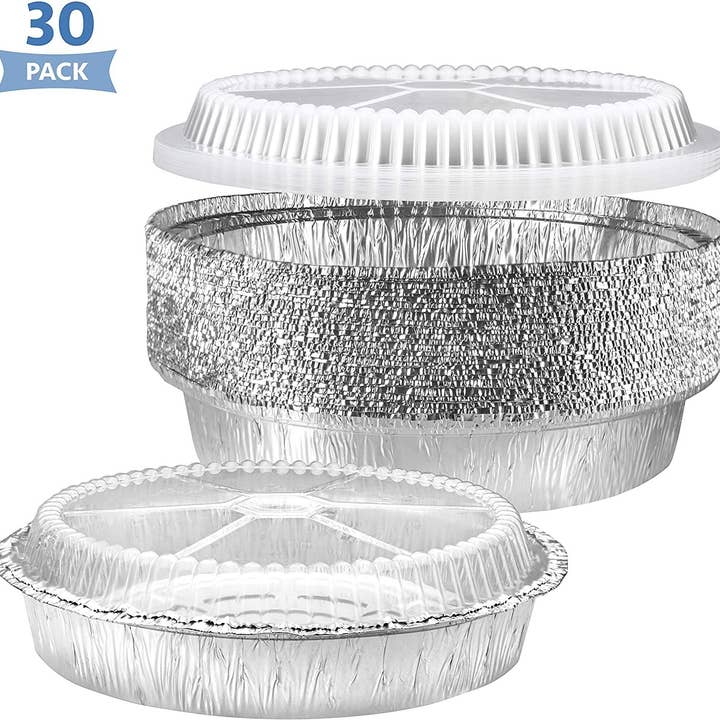 singleware - Vendita all'ingrosso Pirofile - Teglie rotonde NYHI in alluminio da 9 pollici | Padelle usa e getta in lamina di latta con coperchi in plastica trasparente | Contenitore per alimenti resistente, adatto per congelatore e forno | confezione da 30