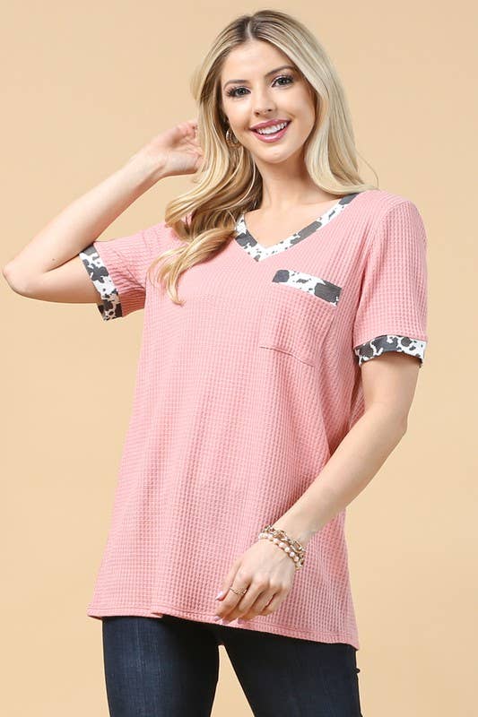 Avery - Wholesale Knit Top - Women's - AV1177-CARLA COW PRINT COLOR BLOCK WAFFLE TOP11
