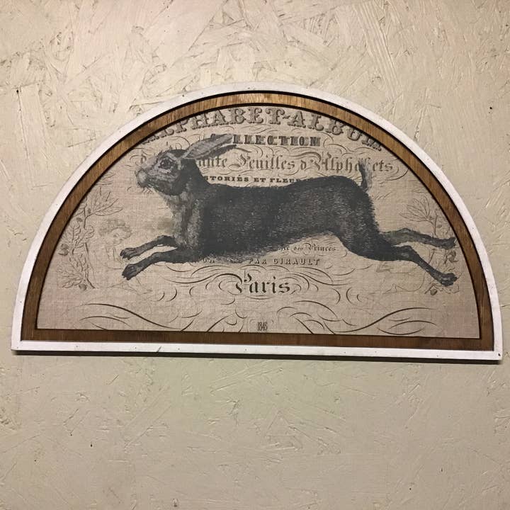 Leaping Hare with vintage French Alphabet Half Moon for wholesale by LAND OF COTTON