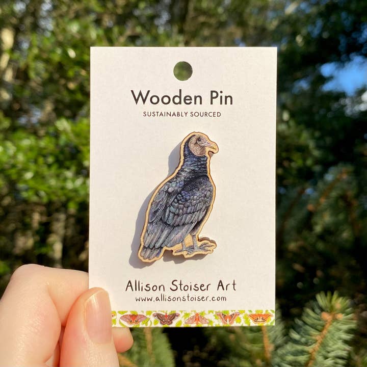 Black Vulture Wooden Pin (Sustainably Sourced) for wholesale by Allison Stoiser Art