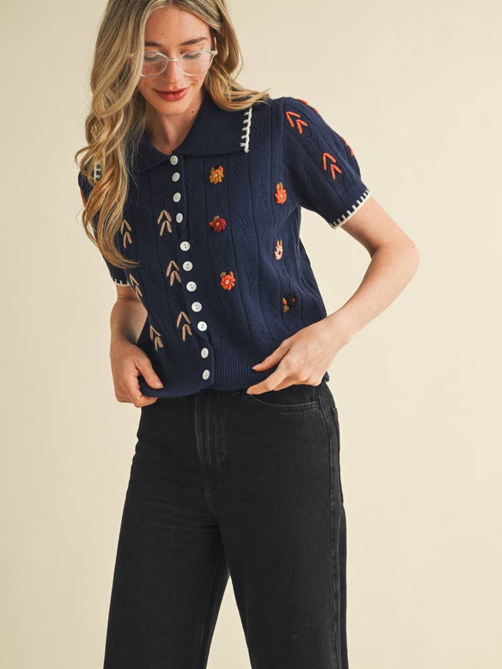&MERCI - Wholesale Knit Sweater - Women's - HAND EMBROIDERED SHORT SLV BUTTON DOWN SWEATER MSW1095332