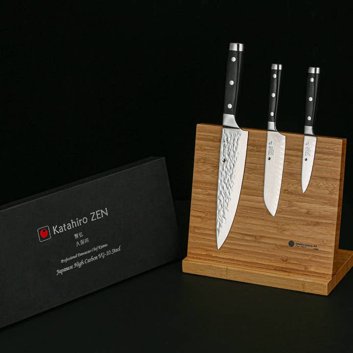 Zen - 3 PCS Set,Damascus Harmmered Chef Knife &Bamboo Holder for wholesale by Ed Mahony