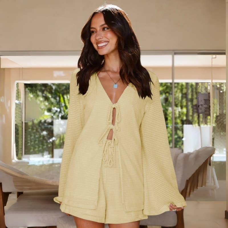 FurDecoration - Wholesale Top & Pant Set (NOT Loungewear) - Women's - Lace Up Knit Cardigan Elastic Waist Shorts Set5