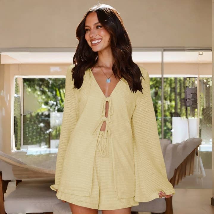 FurDecoration - Wholesale Top & Pant Set (NOT Loungewear) - Women's - Lace Up Knit Cardigan Elastic Waist Shorts Set5