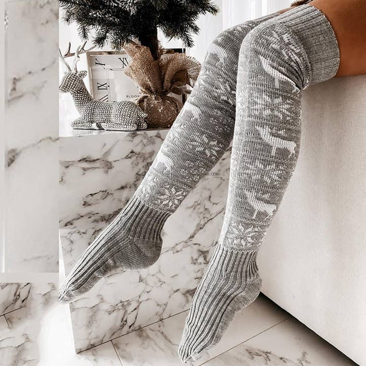 Tourtiwi - Wholesale Socks - Women's - Christmas Knitted Reindeer Snowflake Print Over Knee Socks5