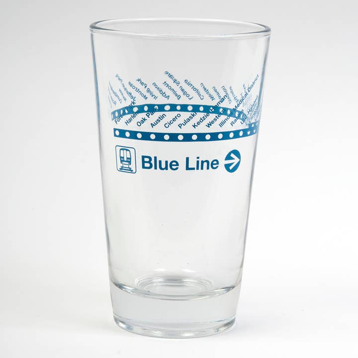 CTA Blue Line Pint Glass for wholesale by Transit Tees