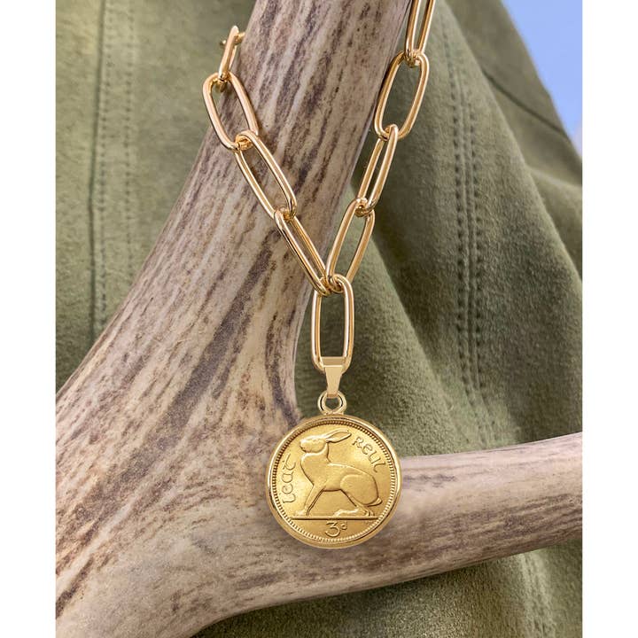 American Coin Treasures - Wholesale Pendant/Charm Necklace - Gold-Layered Irish Threepence Rabbit Coin Goldtone Pendant