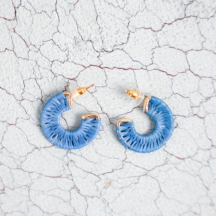 Rahab's Rope - Wholesale Single Earring - Blue Raffia Wrap Hoops