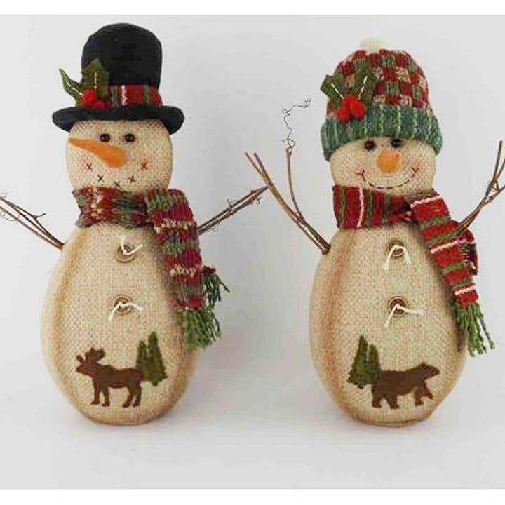 Burlap Half-Body Snowman Couple with Twig Arms, Fabric Hats, Scarfs and Animal Stitchings on their Bellies, Standing, Assorted, Set of 2 - 9.5" Tall for wholesale by Birch Maison