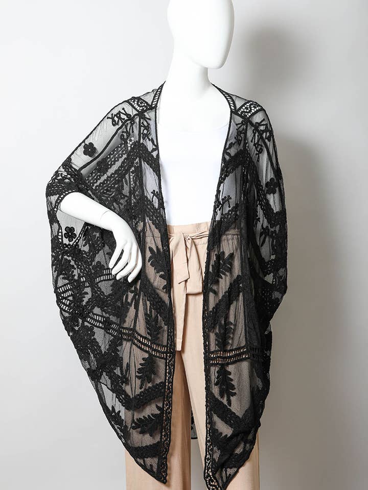 Leto Accessories - Wholesale Kimono - Women's - Ethereal Embroidered Mesh Leaf Kimono