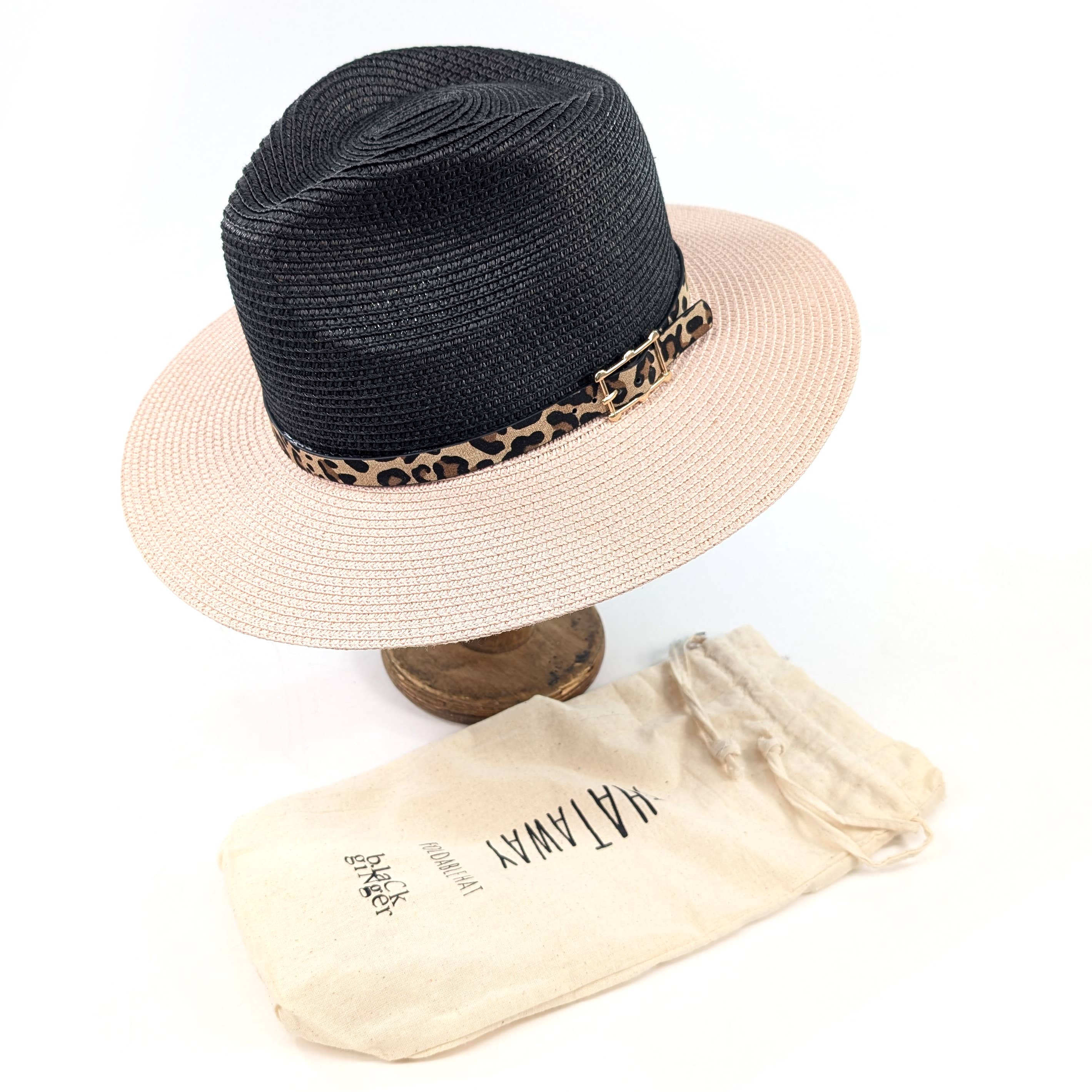 Black Ginger – wholesale Straw hat – women's – Two Tone Panama Foldable Hat (57cm) - Black/Pink2