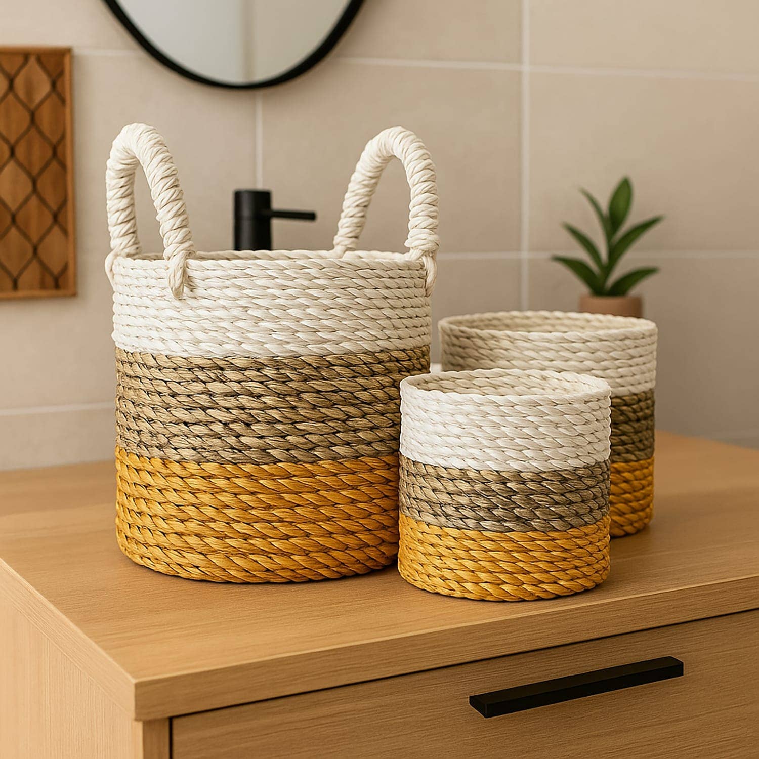 Etnico del Mondo - Wholesale Basket - Set of 3 Baskets in Algae with Handle Ø20/17/14 cm #10