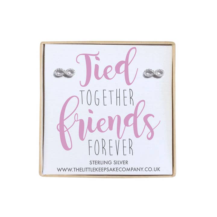 Sterling Silver & CZ Infinity Quote Earrings - Tied Together, Friends Forever for wholesale by The Little Keepsake Company