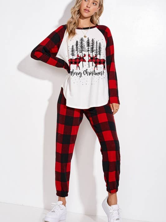 Deer Christmas plaid lounge wear set for wholesale by MintChoco