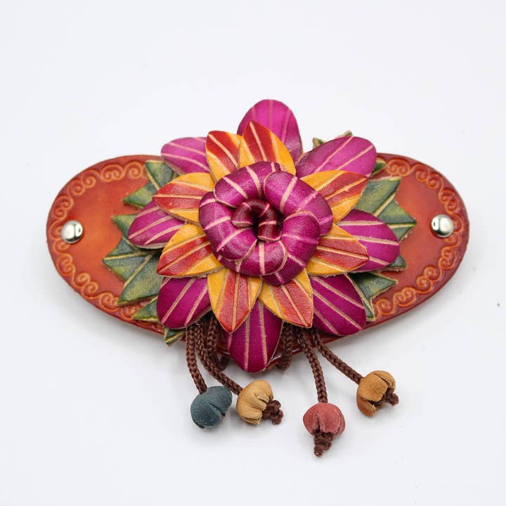 Handmade Leather Barrette floral 3D design - G580 for wholesale by Sunflower Handmade leather inc