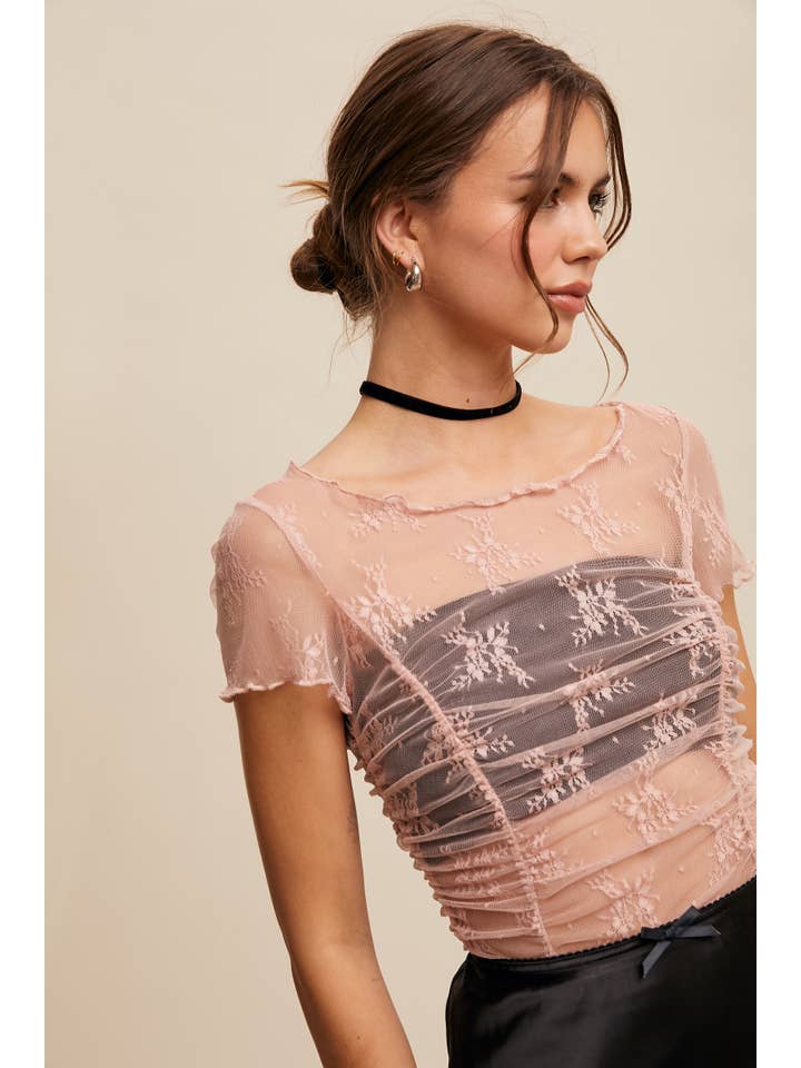 Listicle - Wholesale T-Shirt - Women's - Semi Sheer Floral Mesh Ruched Layering Top