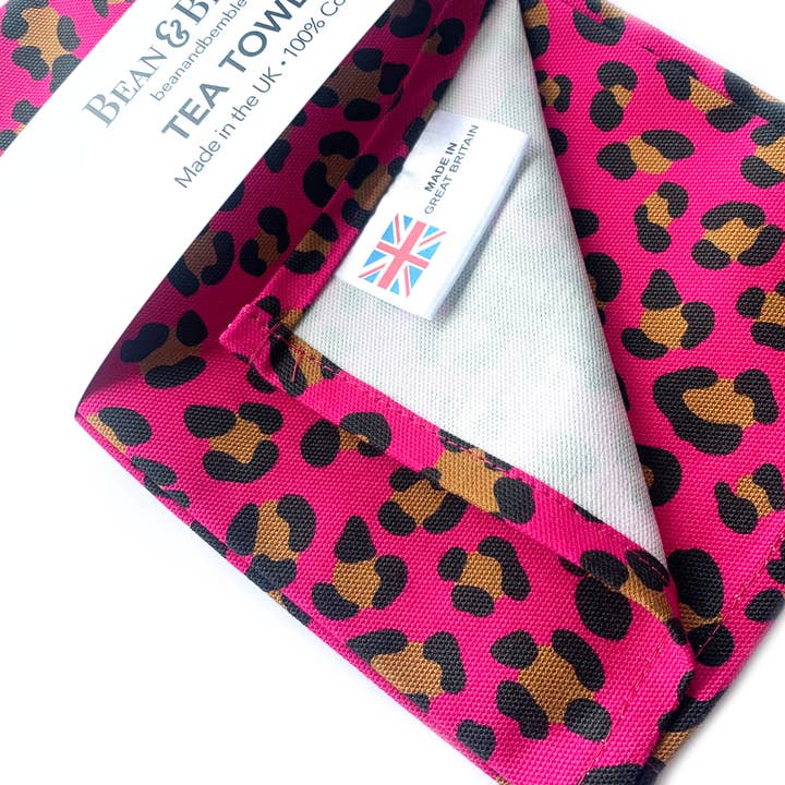 Bean and Bemble - Wholesale Tea Towel - Tea Towel - UK Made - Pink Leopard Print - Organic Cotton