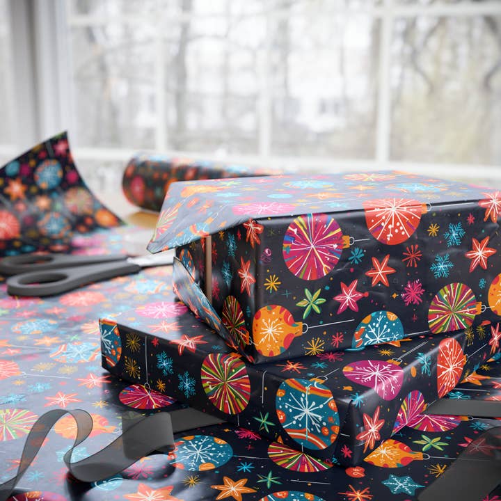 Lokipawz - Wholesale Flat Wrap - Bauble Blitz – Neon Ornament Holiday Wrapping Paper11