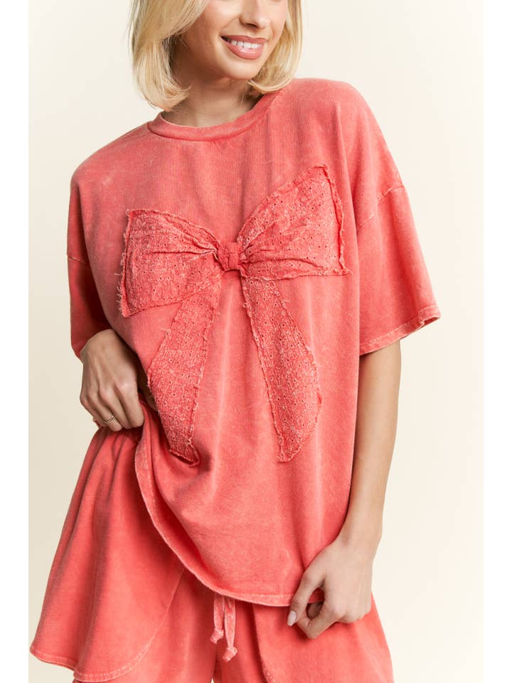J.Her - Wholesale T-Shirt - Women's - MineralWash Ribbon bow half sleeve shirt HT6308
