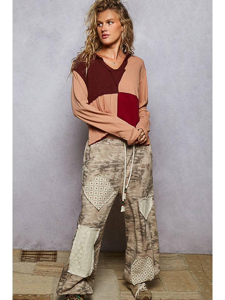 Pol Clothing - Wholesale Knit Top - Women's - Notched neck contrast fabric long sleeve top6