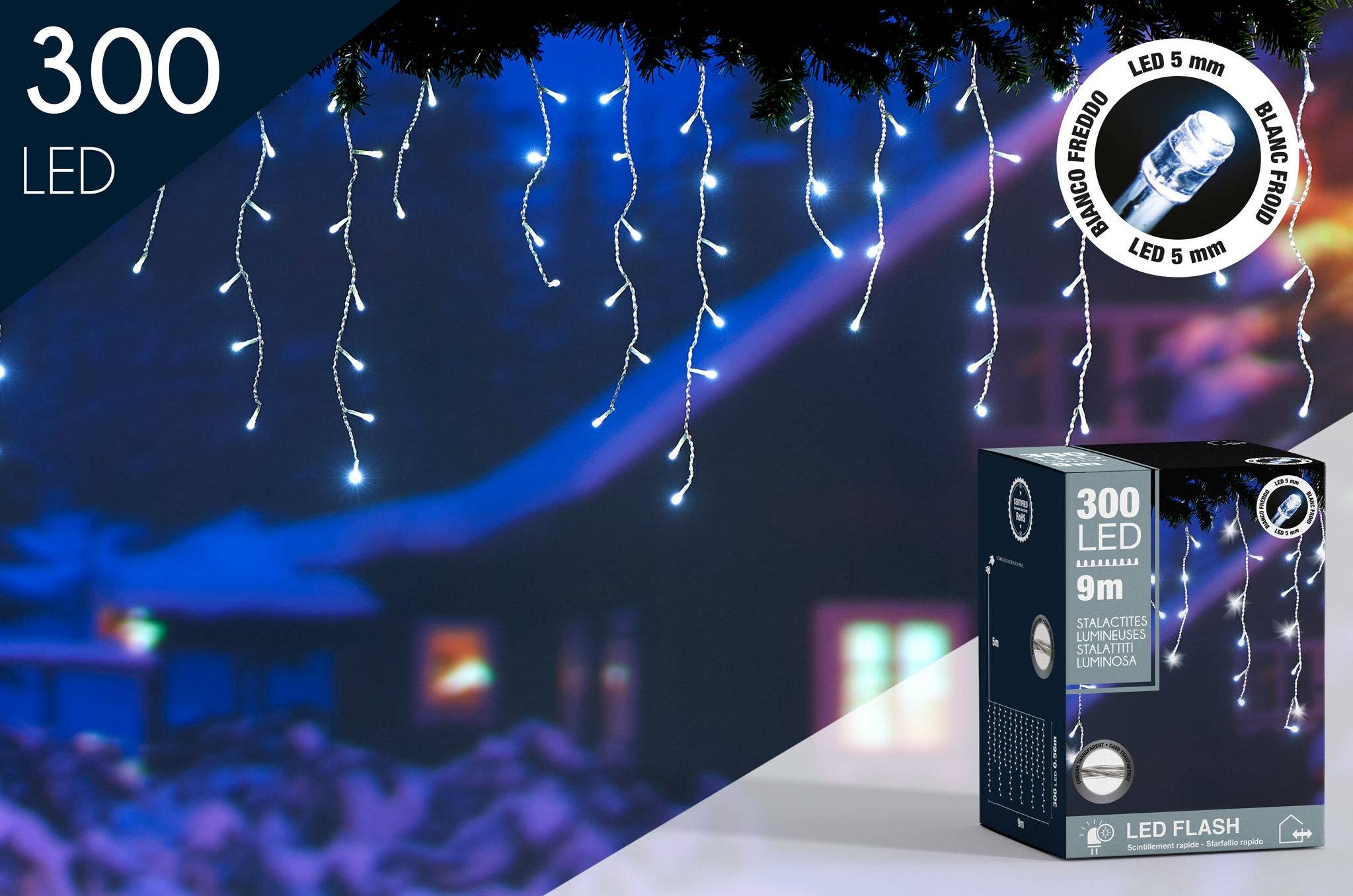 CP INTERNATIONAL - Wholesale String Lights - Stalactite Flash 300Led 5Mm Bl. Fr. L.9M Trans Wire #15740