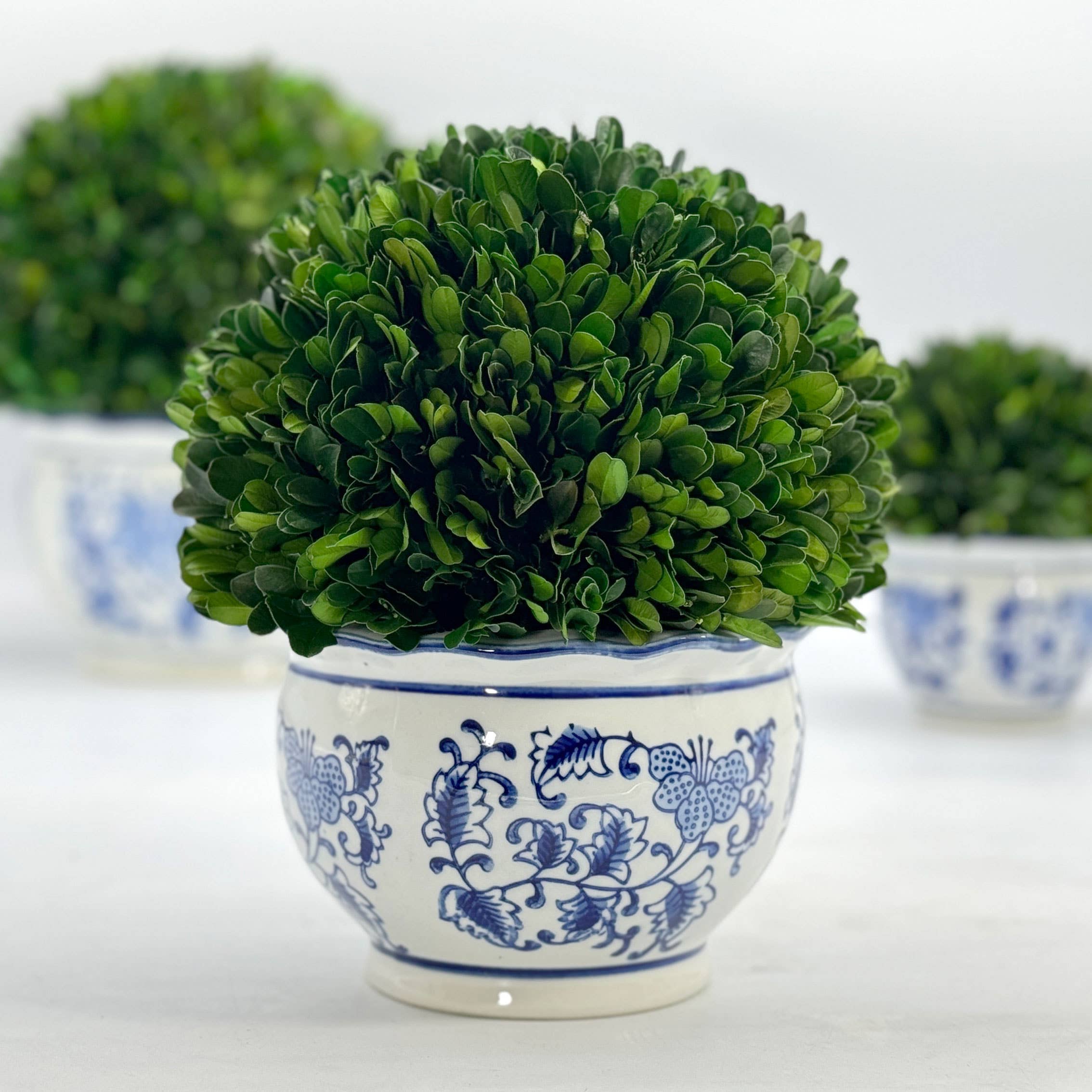 Galt International Company - Wholesale Kunstplant - Buxusbol-topiary in ronde blauw-witte keramische pot3