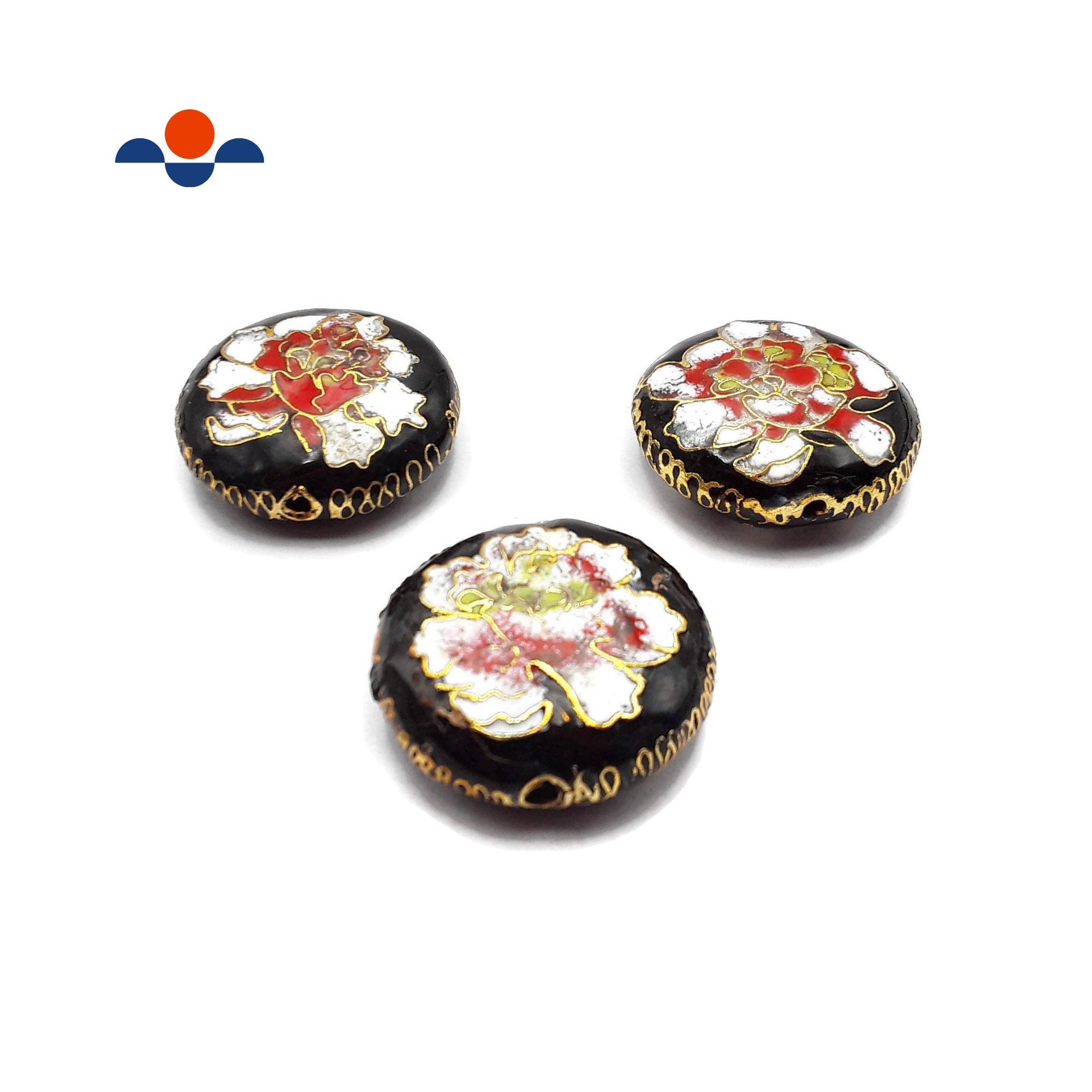 CRCBEADS - Wholesale Individual Charm/Pendant - Vintage Cloisonne Black White Flower Handmade Flat Round Single Bead 28mm0