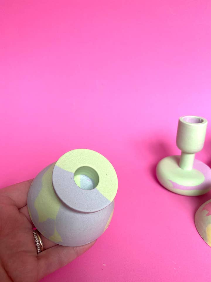 Blue Green Jesmonite CandleStick Holder // Pastel for wholesale by Zig a Star