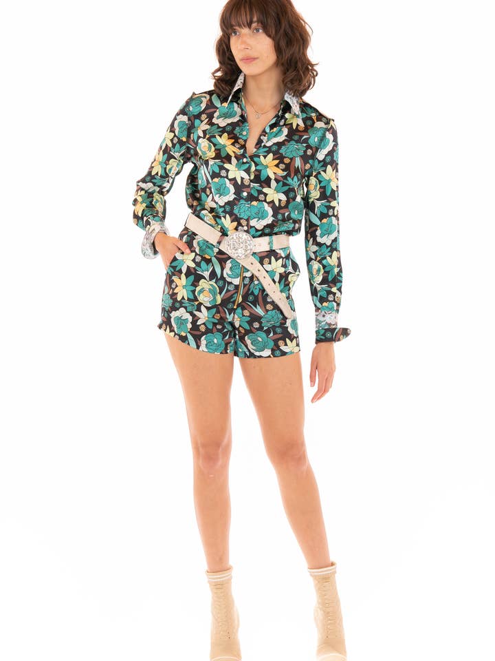 Goldie Brown/ Teal Retro Floral Silk Long Sleeve Shirt for wholesale by Ears Of Buddha