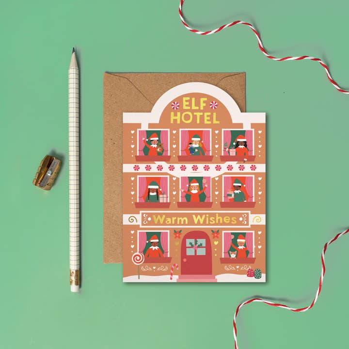 Mifkins - Wholesale Christmas Card - Elf Hotel Gingerbread Christmas Card | Holiday Card