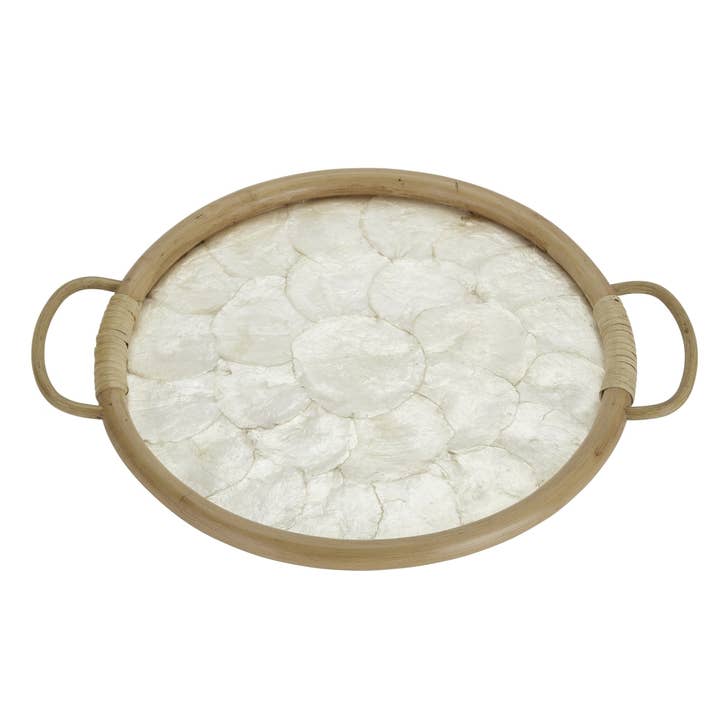 Ivory Capiz Round Rattan Wooden Tray 14.2" Round x 2"H for wholesale by HS Seashells
