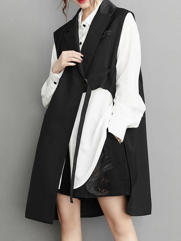 BLACK Sleeveless Asymmetric Pockets Tied Notched Collar Vest Outerwear for wholesale on Faire3