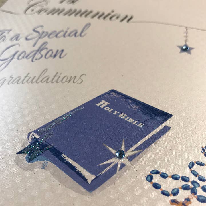 White Cotton Cards - Wholesale Confirmation & Communion Card - 1st Communion To A Special Godson, Blue Bible (LL257-GODS)